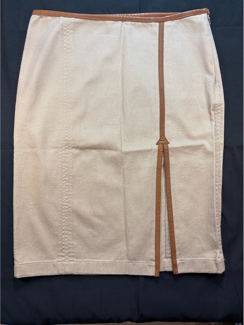 Ralph Lauren Luxury Skirt with Calf Leather Trim Front Slit Tan Beige